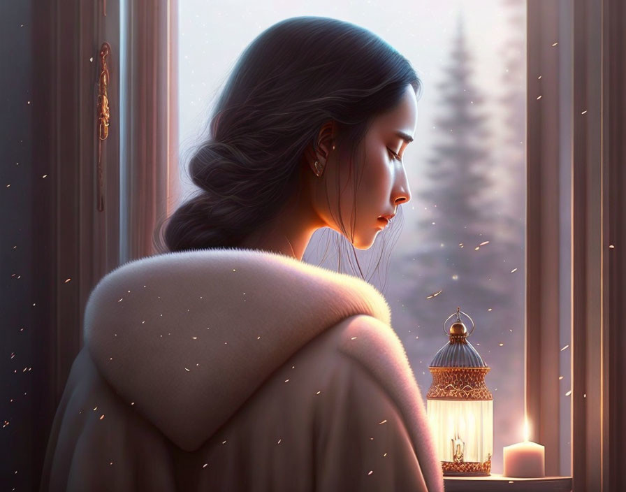 Woman in warm shawl gazes out window at snowflakes with glowing candle and lantern.