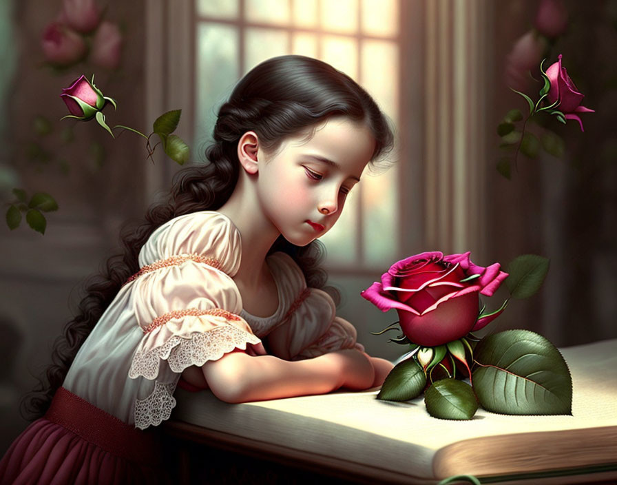 Digital illustration: Young girl with long hair admiring red rose on table