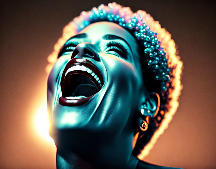 Woman with vibrant makeup laughing joyously under dynamic blue and orange lighting