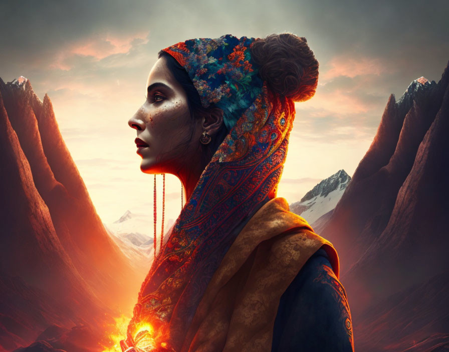 Woman in colorful headscarf against dramatic sunlit mountains