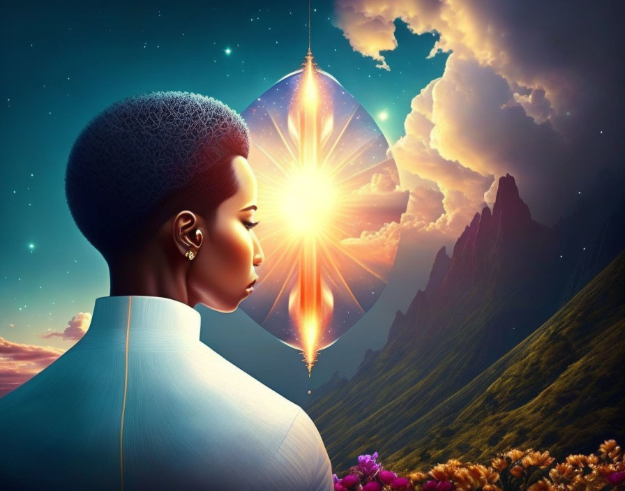 Digital artwork: Woman profile gazing at radiant diamond-shaped light in surreal landscape