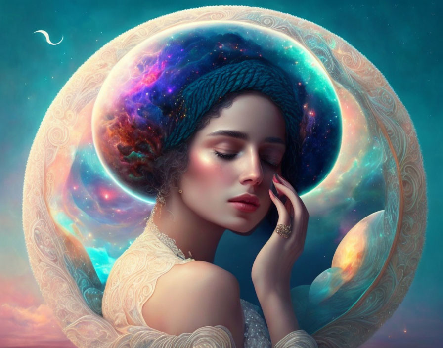 Woman in Blue Headwrap Resting Against Cosmic Background