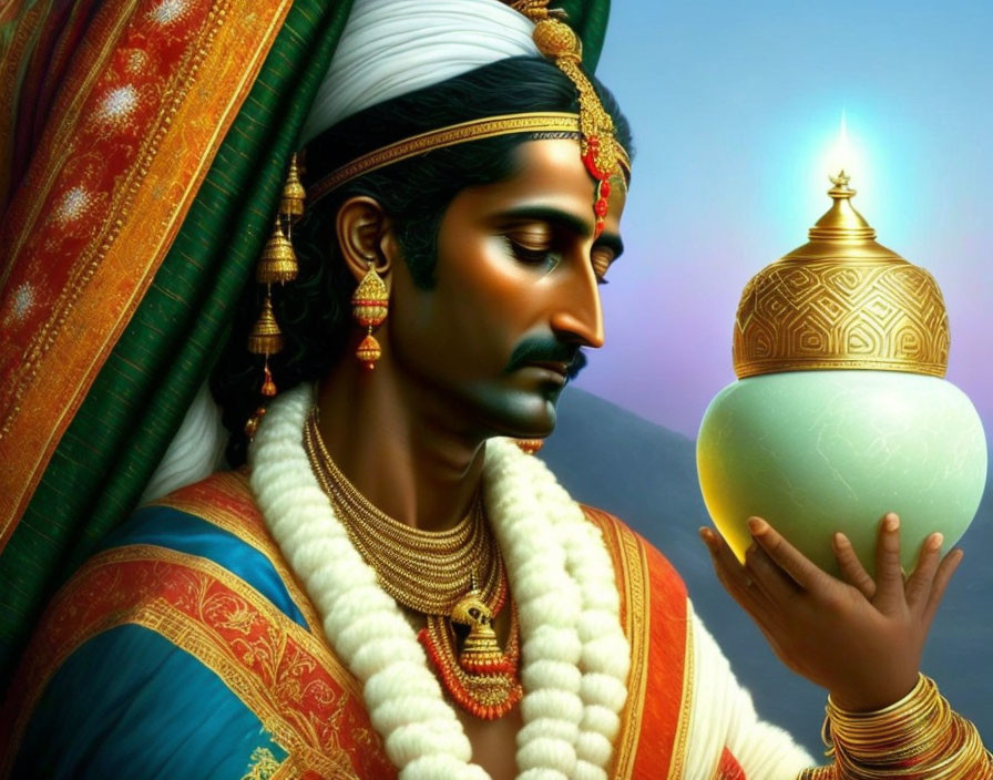 Royal figure in traditional attire holding glowing orb: A detailed illustration.