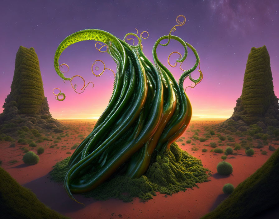 Surreal landscape with green tentacles, red rivers, and towering cliffs