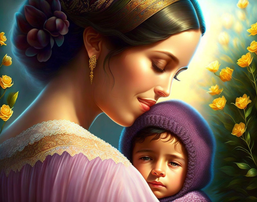 Digital painting: Mother and child in warm embrace with yellow roses