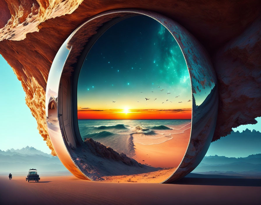 Surreal landscape with circular portal displaying starry sky and sunset beach, desert with vehicle under rocky