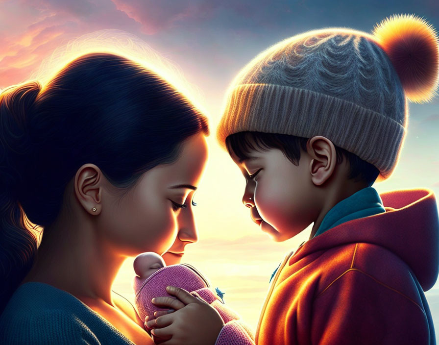 Mother holding newborn gazes at young son under sunset sky