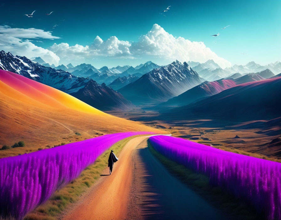 Colorful Path in Surreal Landscape with Purple Grass and Majestic Mountains