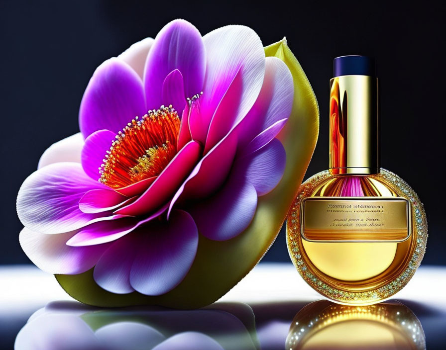 Colorful flower next to golden-accented perfume bottle on glossy surface