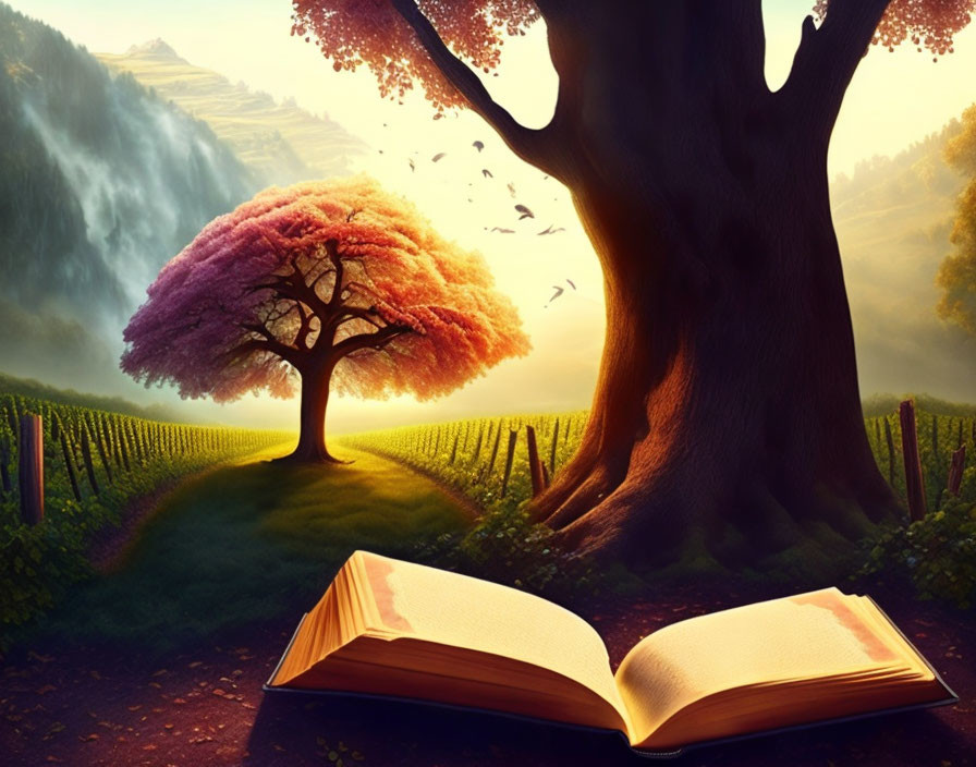 Enchanting landscape with large and pink trees, vineyard, waterfall, and open book