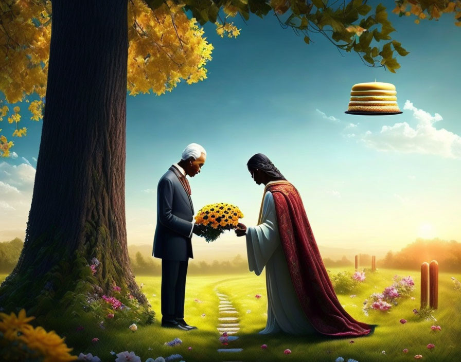 Elegant individuals exchanging flowers in surreal landscape