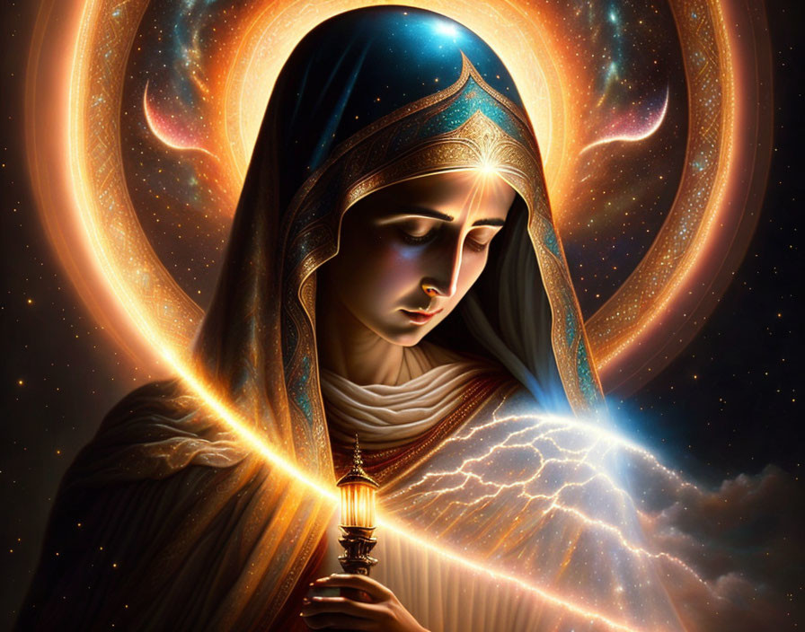 Serene woman with blue and gold headdress holding lamp in cosmic background