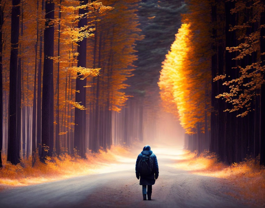 Autumn forest path with tall trees and soft light