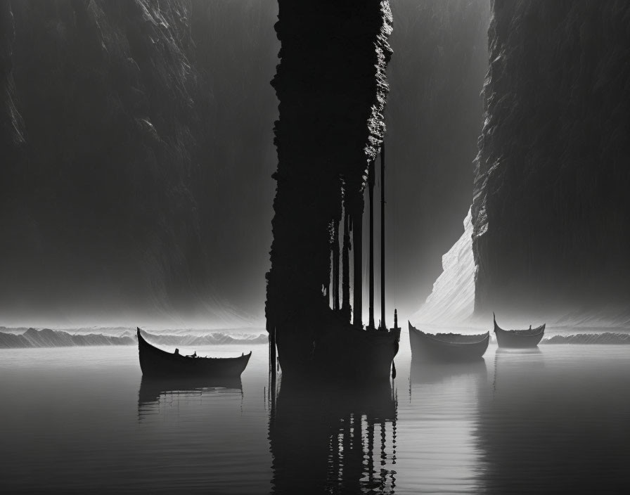 Serene monochromatic image of water, boats, and rock formations