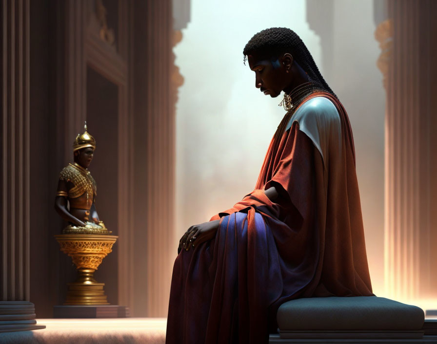 Contemplative individual in classical robes beside golden statue in sunlit hall