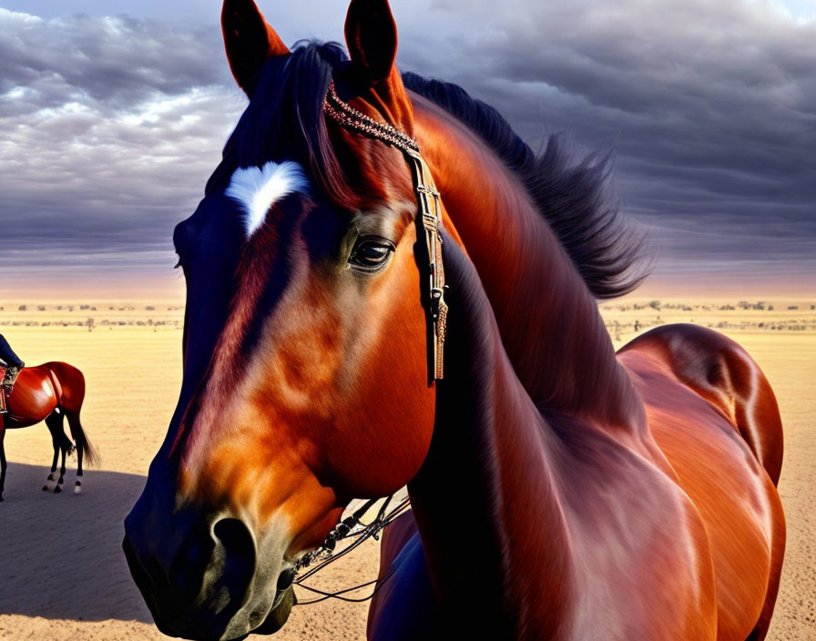 Glossy bay horse with bridle in desert landscape