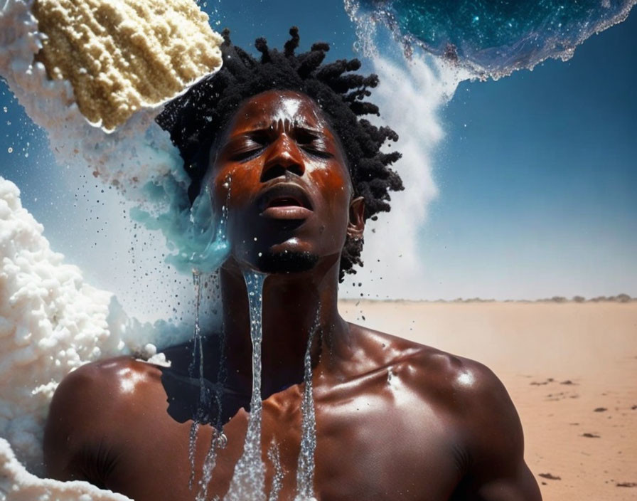 Shirtless person with closed eyes in water splashes against desert background