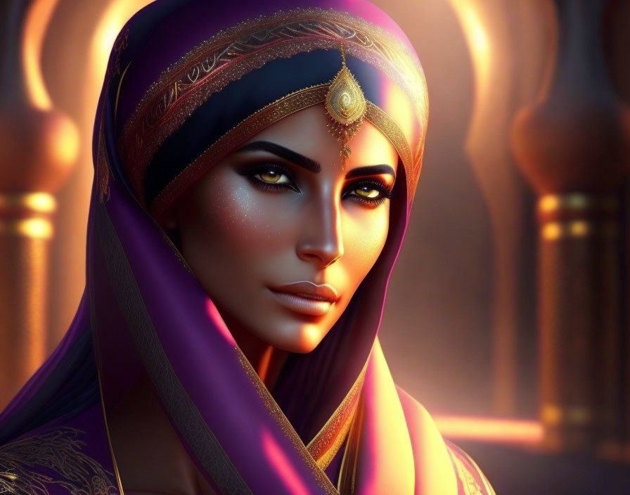 Digital artwork of woman in purple headscarf with golden headpiece on warm background