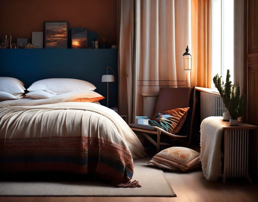 Warmly Decorated Bedroom with Reading Nook and Plants