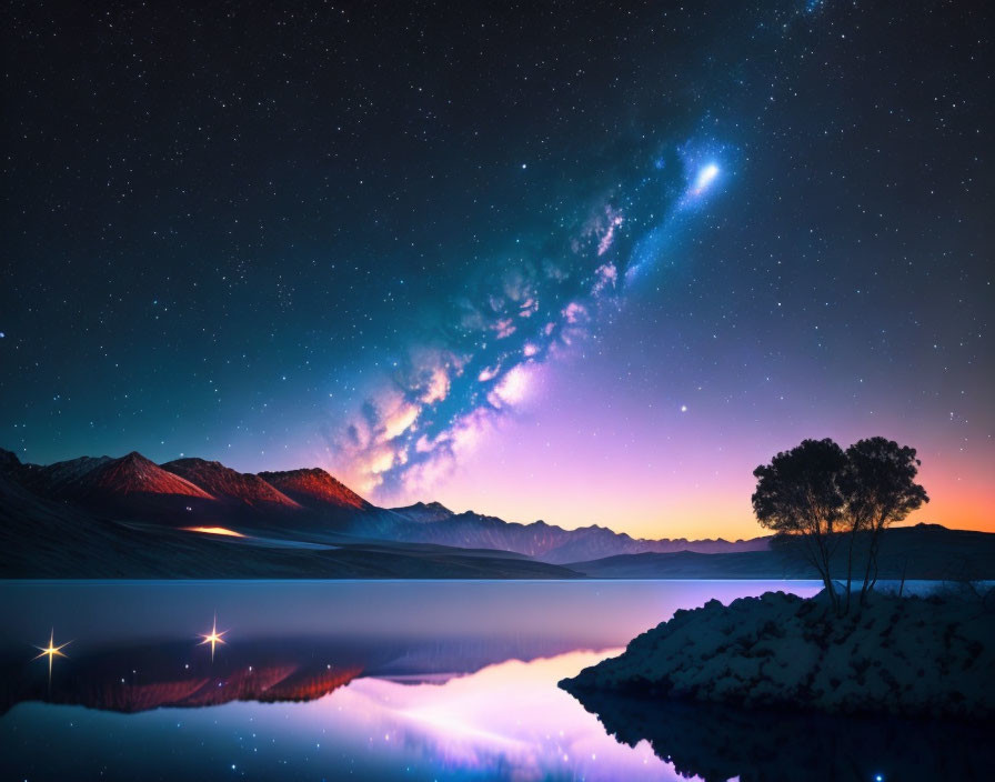 Tranquil nightscape with Milky Way over lake and mountains