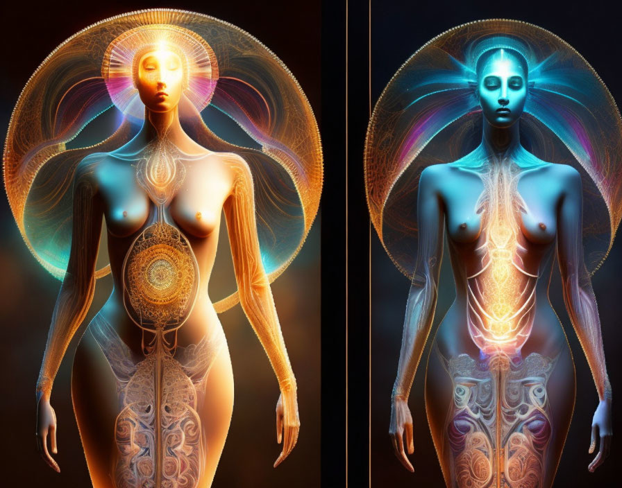 Ethereal female figures with glowing patterns and halos on dark background