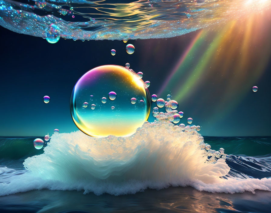 Colorful iridescent bubbles above wave reflecting underwater light rays