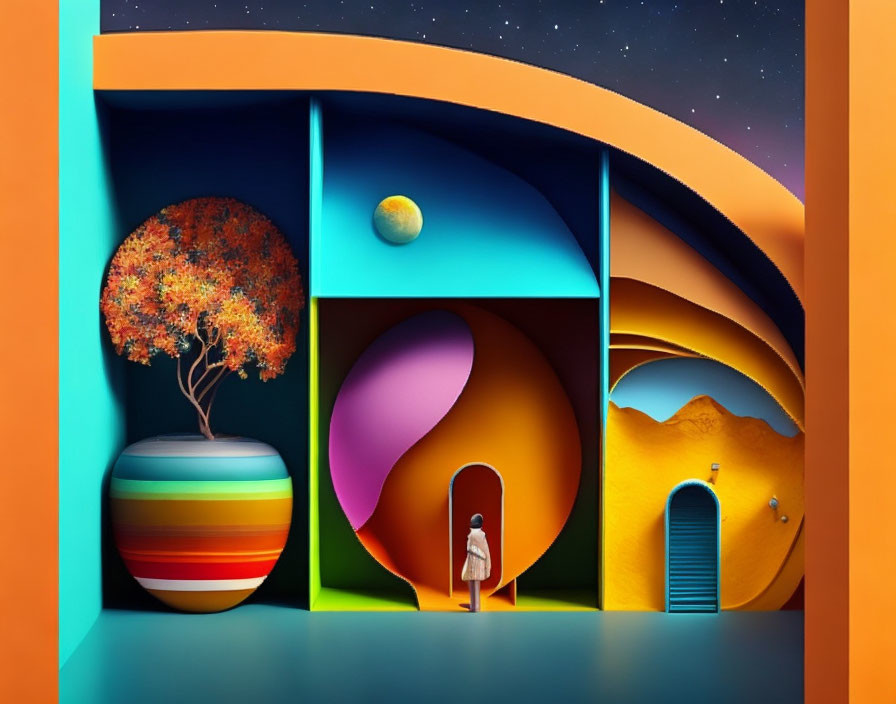 Colorful surreal interior with tree, planets, and miniature figure in abstract setting