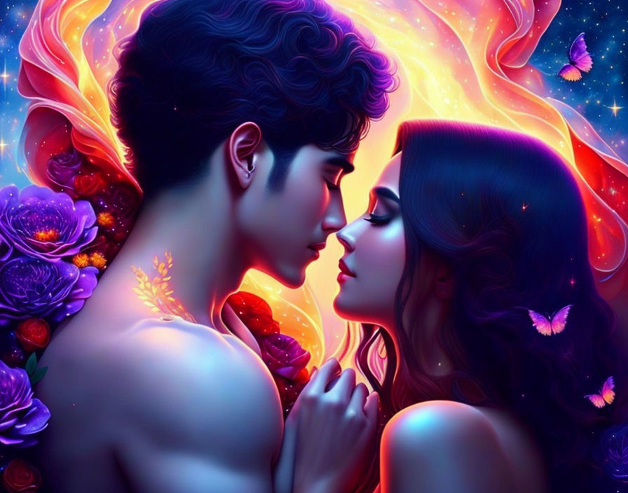 Romantic couple digital artwork with vibrant colors and cosmic background