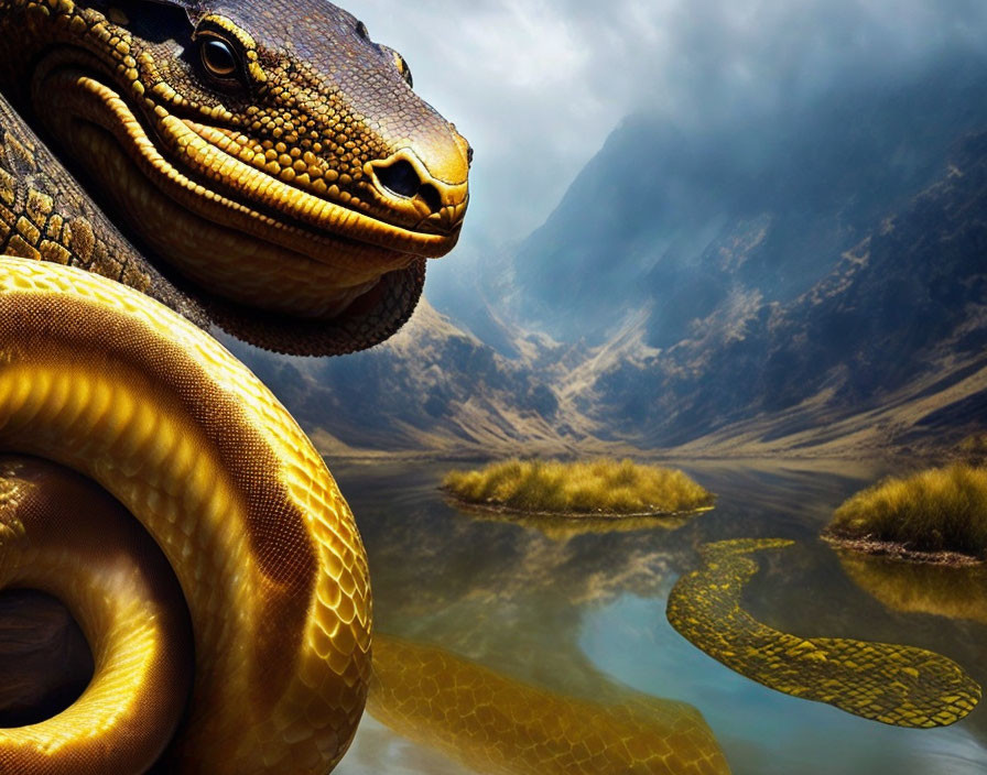 Detailed Snake Image with Mountain and River Backdrop