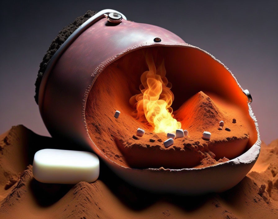 Capsule-like object with inner flame, dark powder, and bar of soap in creative image