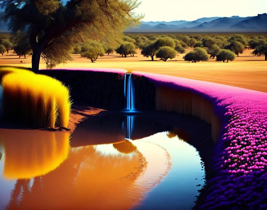 Colorful Fields and Waterfall Oasis in Serene Landscape