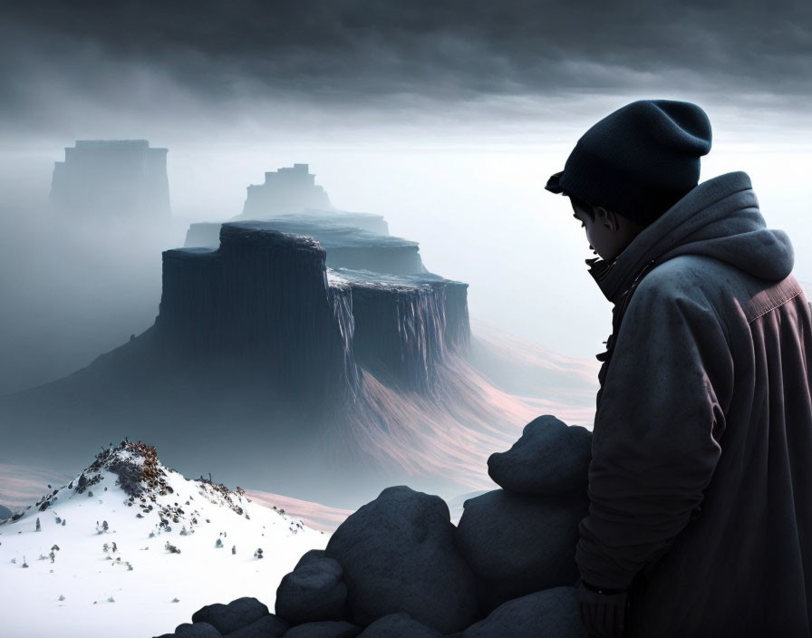 Person in beanie and jacket gazes at misty cliffscape.