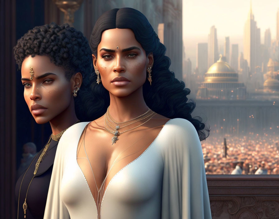 Two Women with Ornate Jewelry in Front of Futuristic Cityscape