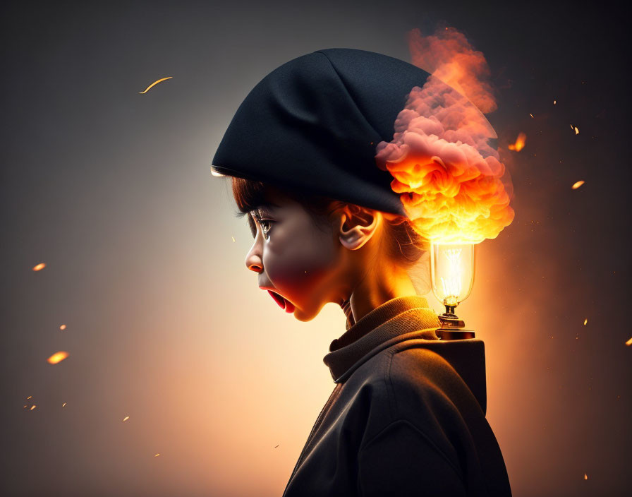 Person wearing beret with illuminated brain lightbulb showcasing explosion of ideas