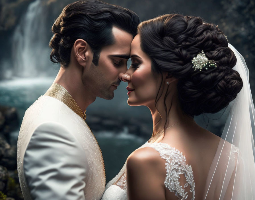 Bride and groom in elegant wedding attire by serene waterfall