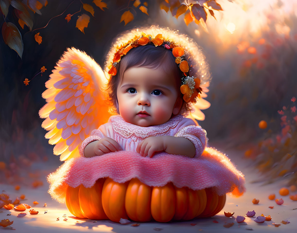 Baby with angel wings in pumpkin surrounded by autumn leaves and warm glow