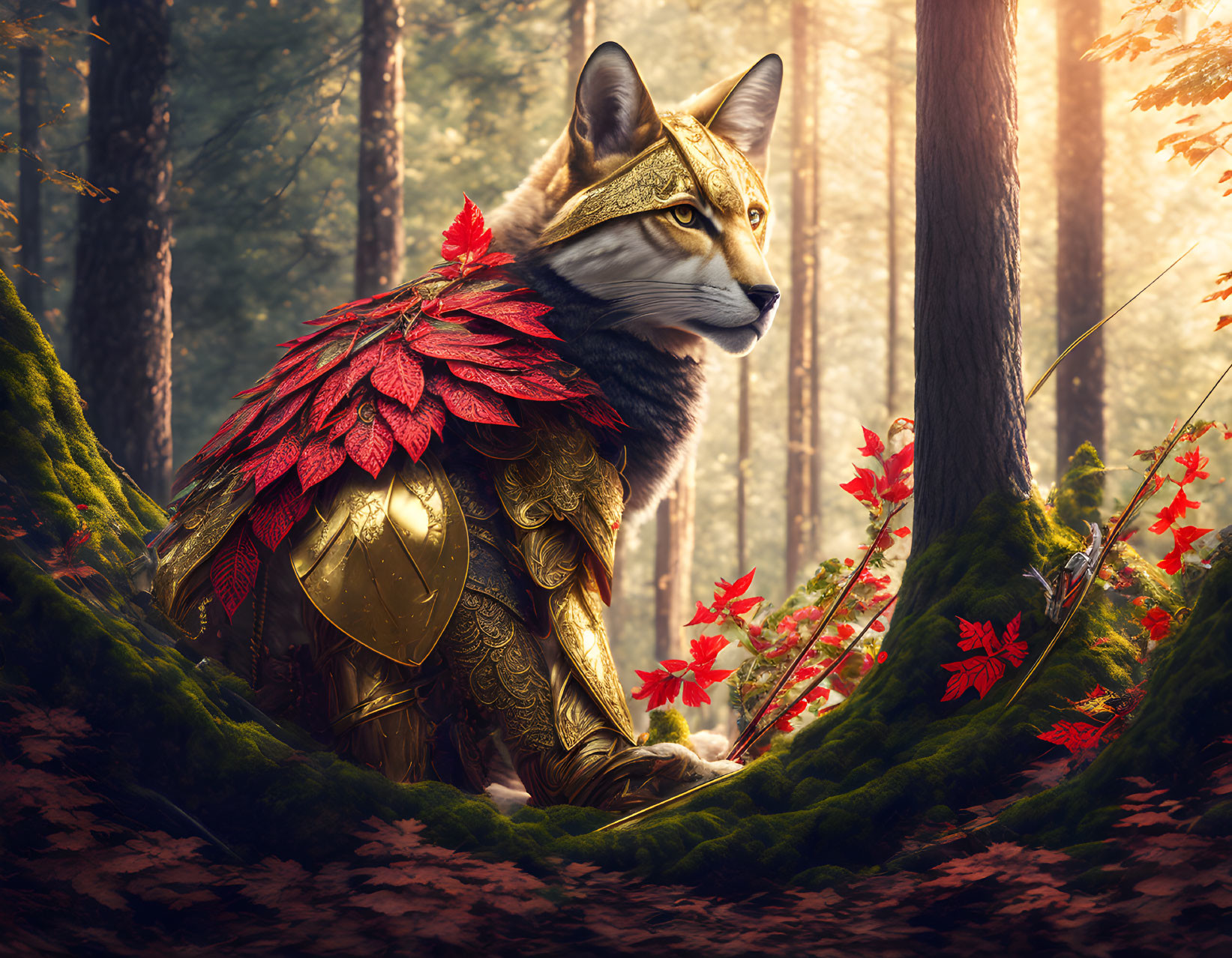 Majestic fox in golden armor with red fur enhancements in magical forest