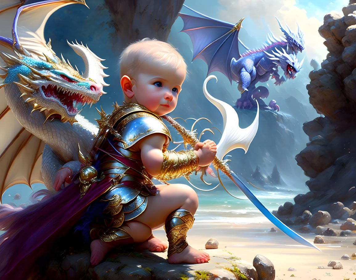 Fantasy armor-clad baby with sword on beach surrounded by flying dragons