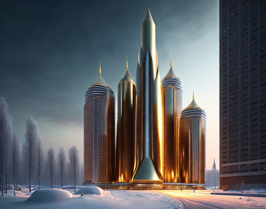 Futuristic skyscrapers at twilight in snowy landscape