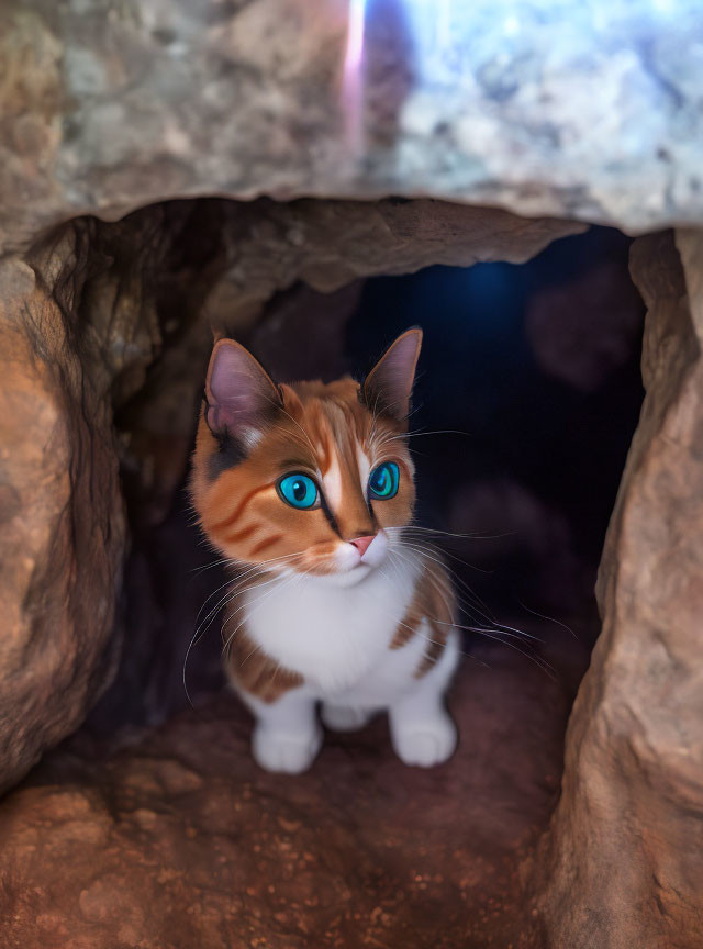 White and Brown Cat with Blue Eyes Peering from Rocky Hollow