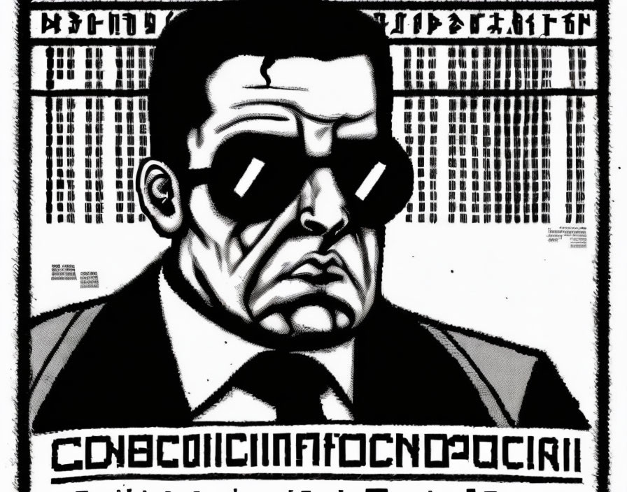 Monochrome comic art of serious man in suit with sunglasses, data-like background.