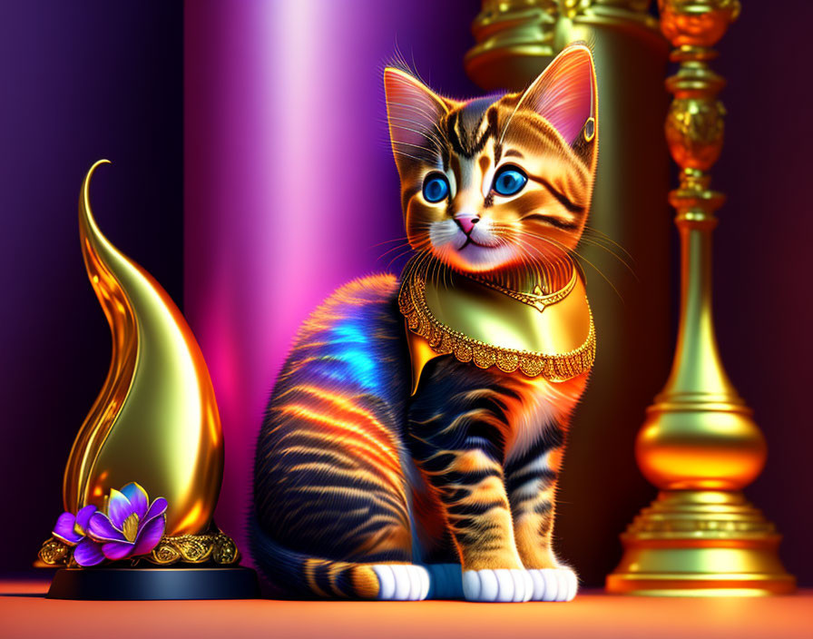 Striped Cat with Blue Eyes and Gold Necklace Beside Golden Lamp on Purple Background