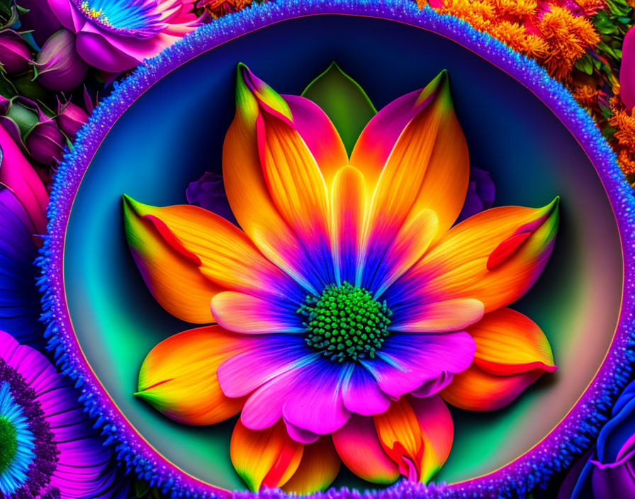 Colorful digital artwork: Vibrant flower with orange and yellow petals, blue halo, neon green center