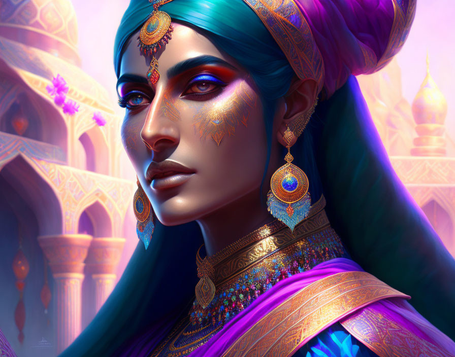 Blue-skinned woman with gold jewelry in fantastical setting