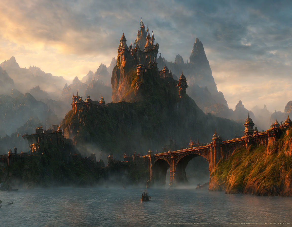 Majestic castle on mountain at sunset with stone bridge and boats