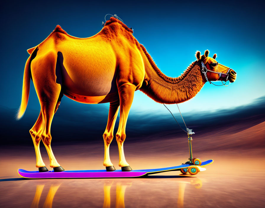 Camel in sunglasses on skateboard in desert with colorful sky