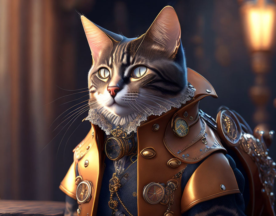 Detailed digital illustration of majestic cat in ornate Renaissance armor