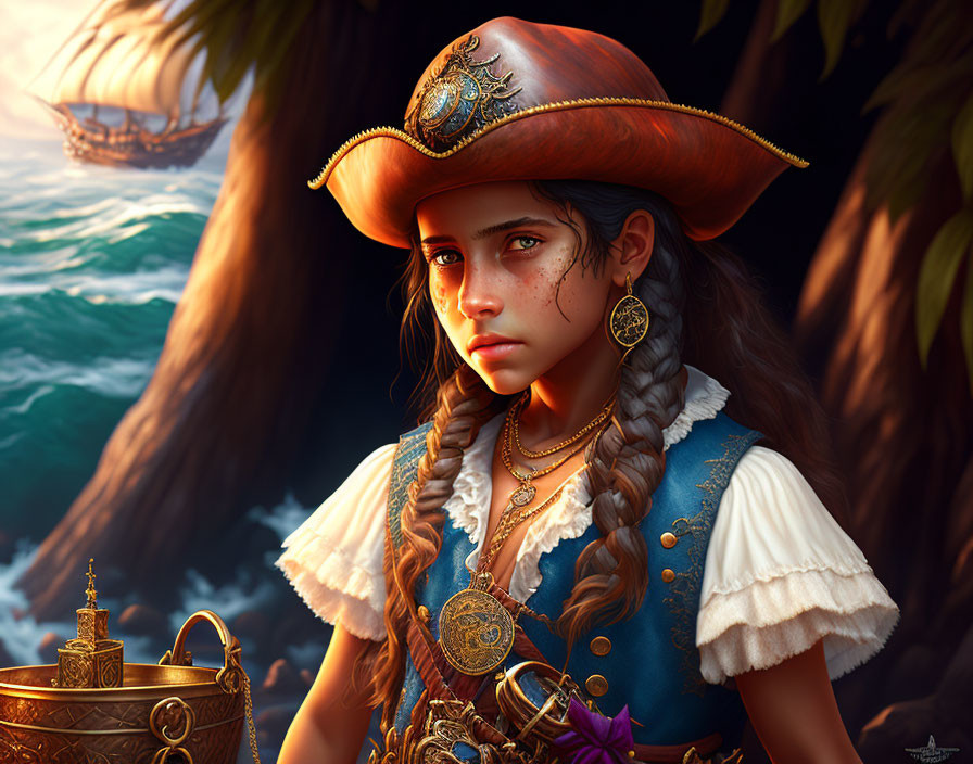 Young girl in pirate costume by the sea with ship, tricorn hat, gold jewelry, and bra