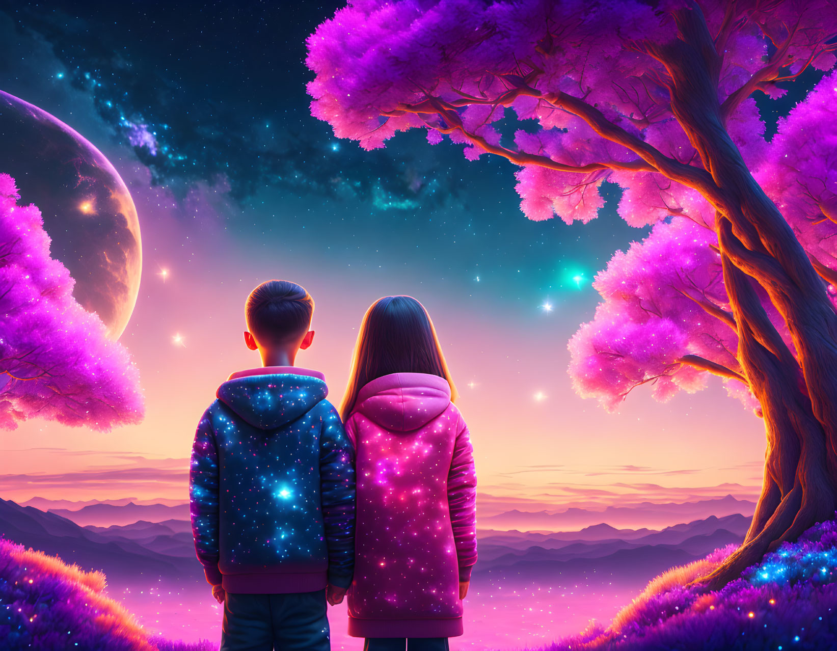 Children under purple tree in vibrant landscape with starry sky and large moon.