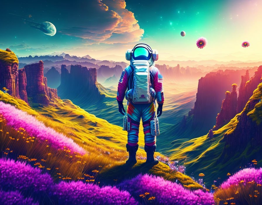 Astronaut on vibrant alien terrain with mountains and large moon